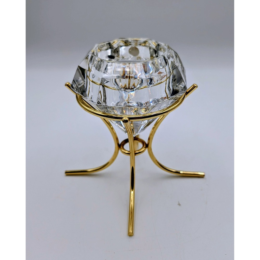 Bleikristall 24% Lead Crystal Diamond Candle Holder Germany Gold Tone Stand - Picture 6 of 16